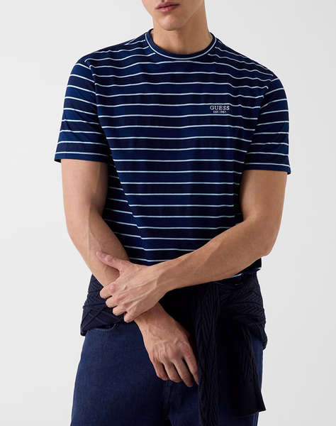 GUESS CN SS INDIGO STRIPES EMBRO TEE BLOUSE MEN''S