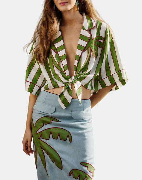 FARM RIO SPRING STRIPES GREEN SHORT SLEEVE CROP TOP-SPRING STRIPES GREEN