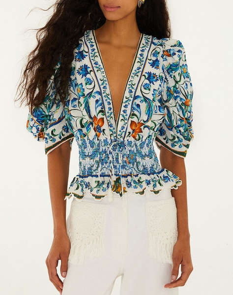 FARM RIO FLORA TILE OFF-WHITE BLOUSE-FLORA TILE OFF-WHITE