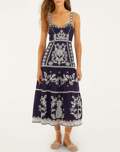 FARM RIO BLUE AND WHITE RICHILLIEU MIDI DRESS-BLUE