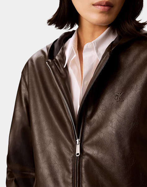 CALVIN KLEIN JEANS CROPPED HOODED FAUX LEATHER JACK
