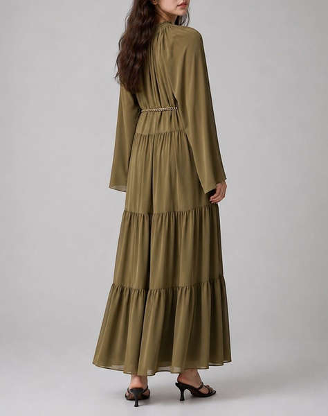 MICHAEL KORS SMOCK TIE NECK MAXI DRESS