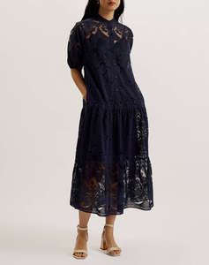 TED BAKER XATIVA laced midi Shirt Dress With Puff Sleeve