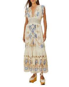 FARM RIO ROMANTIC RICHELIEU OFF-WHITE MAXI DRESS