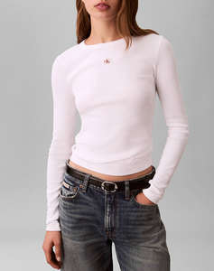 CALVIN KLEIN LS WOVEN LABEL 2X2 RIB CREW TOP