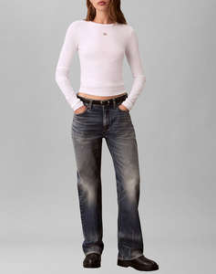 CALVIN KLEIN LS WOVEN LABEL 2X2 RIB CREW TOP