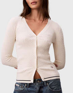 CALVIN KLEIN JEANS LS WOVEN LABEL CABLE CARDIGAN