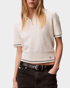 CALVIN KLEIN JEANS SS WOVEN LABEL CROPPED CABLE SWE