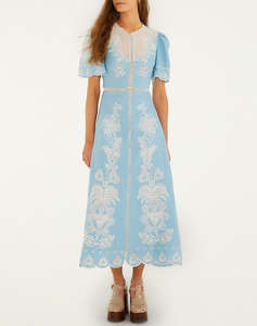 FARM RIO LIGHT BLUE EMBROIDERY SHORT SLEEVE MIDI DRESS-BLUE