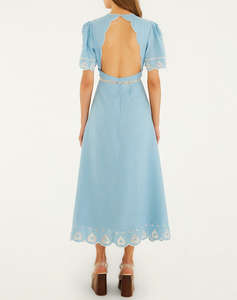 FARM RIO LIGHT BLUE EMBROIDERY SHORT SLEEVE MIDI DRESS-BLUE