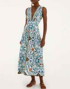 FARM RIO FLORA TILE OFF-WHITE MIDI DRESS-FLORA TILE OFF-WHITE