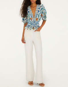 FARM RIO FLORA TILE OFF-WHITE BLOUSE-FLORA TILE OFF-WHITE