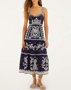 FARM RIO BLUE AND WHITE RICHILLIEU MIDI DRESS-BLUE